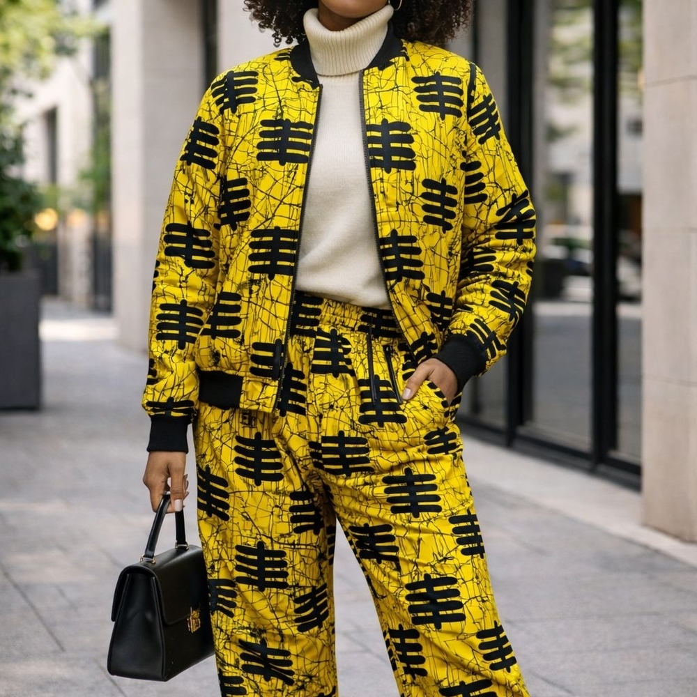 Yellow and Black Patterned Jacket and Pants Set